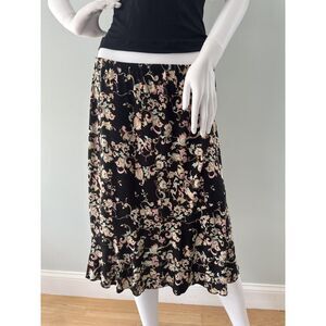 Vintage Y2K Black Floral Midi Skirt with Lettuce Hem Stretchy Pull-On Boho Large